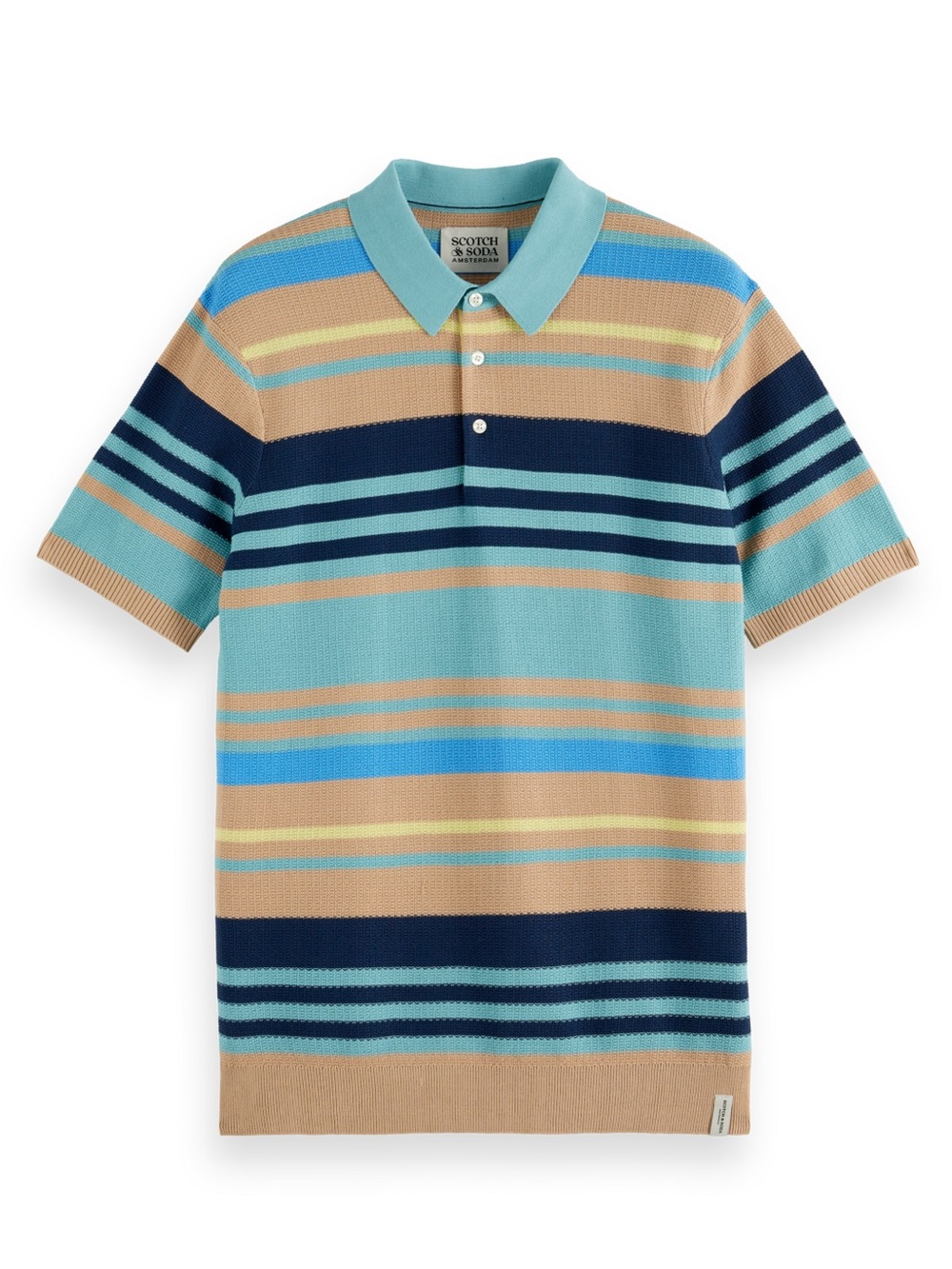Scotch & Soda Sz M Structured Knit Regular Fit Polo in Soft Camel Multi Stripes